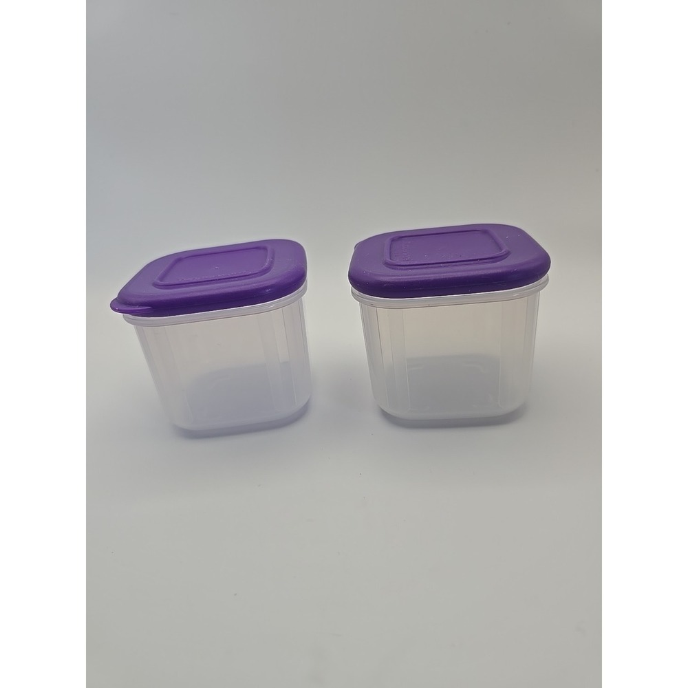 2 Tupperware Clear Mates Sheer Square 6 oz. 4040A with Purple Lid 3978A‎